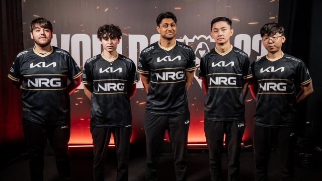 NRG whole League of Legends team posing at Worlds 2023 media day.