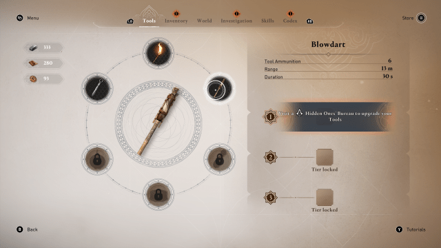 Image of the blow dart from Assassin's Creed, showing the item and its upgrades.