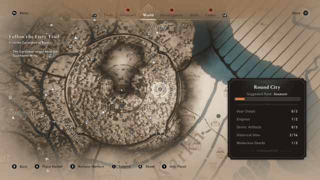 Image of the map in Assassin's Creed Mirage leading to the reward for the Just Rewards Enigma.