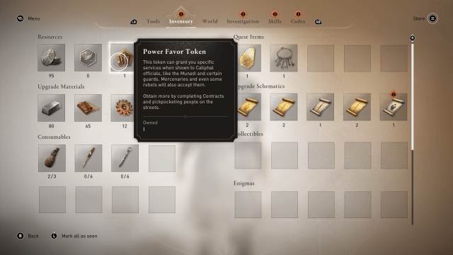 Image of the inventory screen in Assassin's Creed Mirage, hovering over the Power Favor Token.