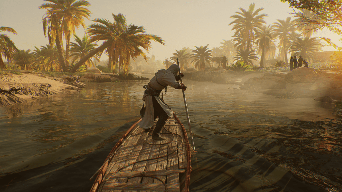 Image of a man in a white robe pushing a boat forward through a narrow river.
