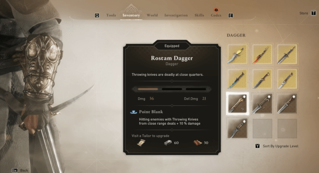 Image of the weapons inventory in Assassin's Creed Mirage showing off the Rostam Dagger.