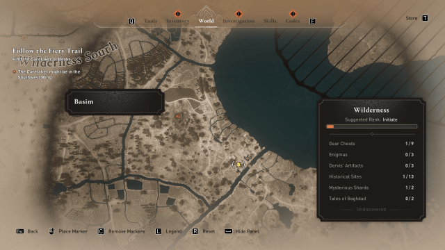 Image of the map in Assassin's Creed Mirage displaying the location of the Enigma reward in the southern wilderness.