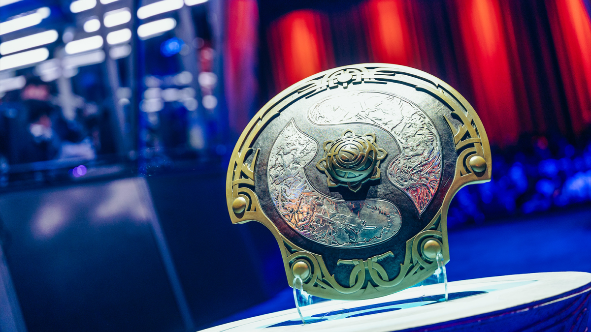 The Aegis of Champions sitting on its pedestal at The International 2023.
