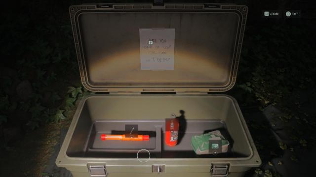 Alan Wake 2 stash with a flare, petroleum tank and first aid kit inside