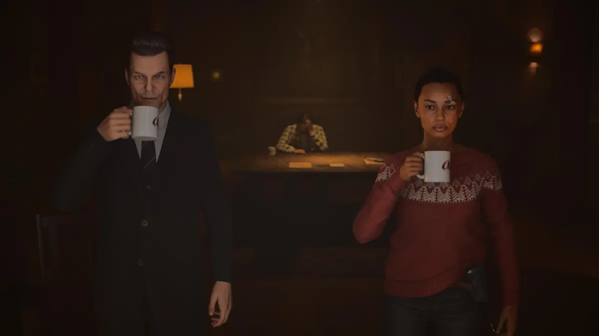 Saga and Casey sip coffee while Alan Wake looks distressed in the background