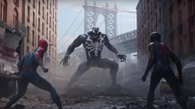 An image of Venom, Peter Parker and Miles Morales from Marvel's Spider-Man 2