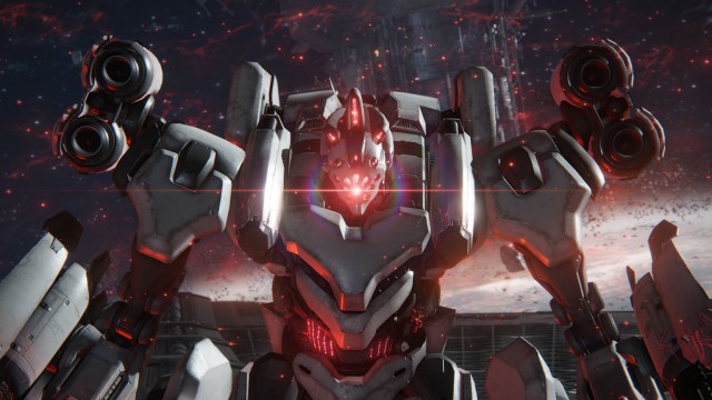 An image of a mech with a red light coming out of its face in Armored Core 6.