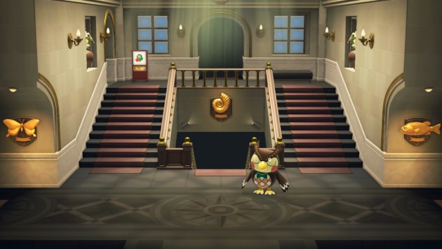 Blathers sleeping inside the museum entrance in Animal Crossing