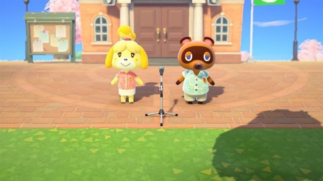 Isabelle and Tom Nook outside Resident Services behind a microphone