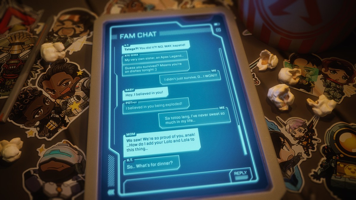 A tablet device with a blue screen displays a group text thread talking about a character joining Apex Legends.