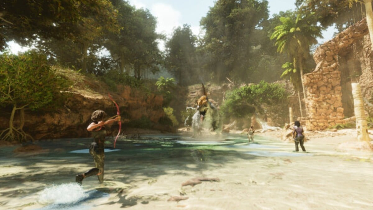 Ark players batting a dinosaur.