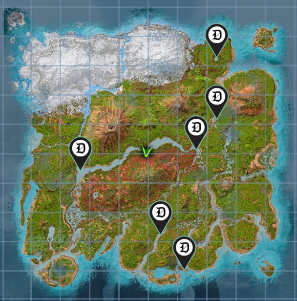 A map of The Island in Ark: Survival Ascended with locations of Giant Beaver Dams marked.