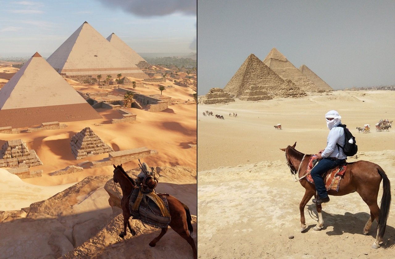There is a dual image of the Pyramids of Giza in the game and real life. There is someone riding a horse in both shots.