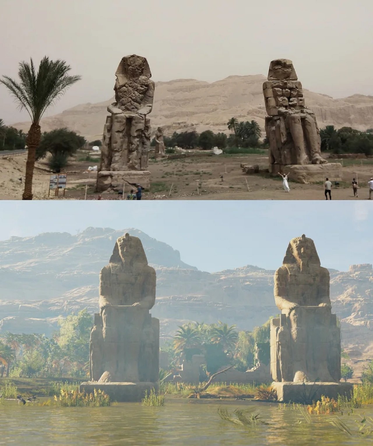 There is a dual shot of the Colossi of Memnon statues. One is in real life while the other is from the game.