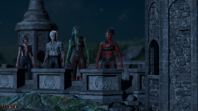 Shadowheart, Astarion, Tav, and Karlach standing on top of a stone building at night time.