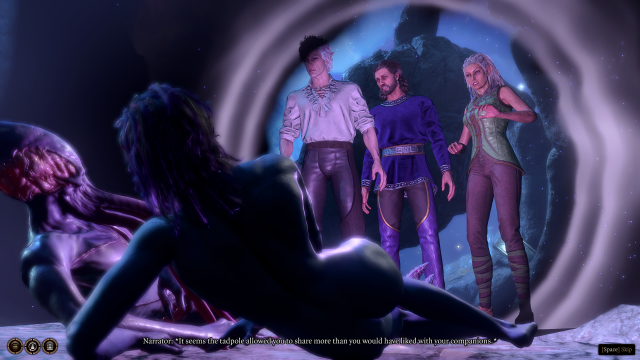 Image displays Astarion, Gale, and Jaheira watching the conclusion of a romance cutscene with the Emperor in Baldur's Gate 3.