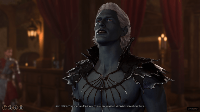 Image displays Sorn, one of the Drow twins, during a dialogue in Baldur's Gate 3.