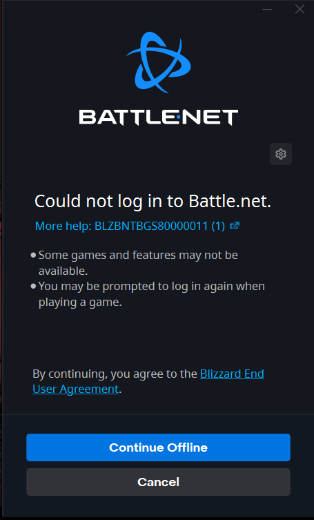 Error message on Battle.net showing you can't log in.