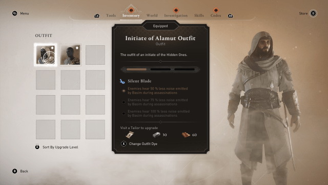 Image of the outfit inventory in Assassin's Creed Mirage, showing the Initiate of Alamut Outfit stats. 