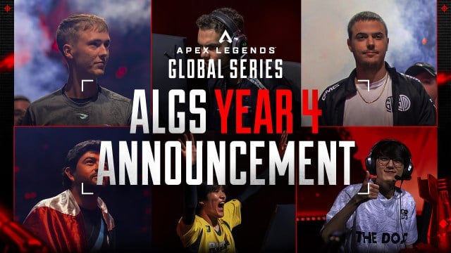 Graphic for ALGS Year Four announcement, featuring various ALGS players and coaches such as ImperialHal, iiTzTimmy, Gnaske, Genburten, and Pistillo.