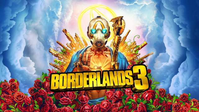 A Psycho poses in front of a wall of guns, with the Borderlands 3 Logo in front.