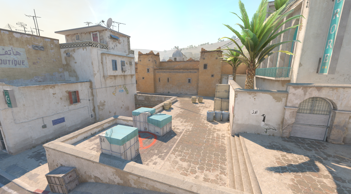 Screenshot taken of Dust 2's A Bombsite in CS2, featuring the famous goose in the wall.