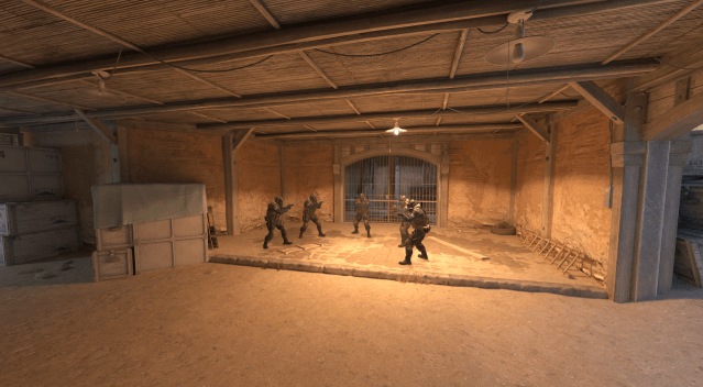 Screenshot of Dust 2's CT spawn in CS2, showing a total of five anti-terrorists with pistols.