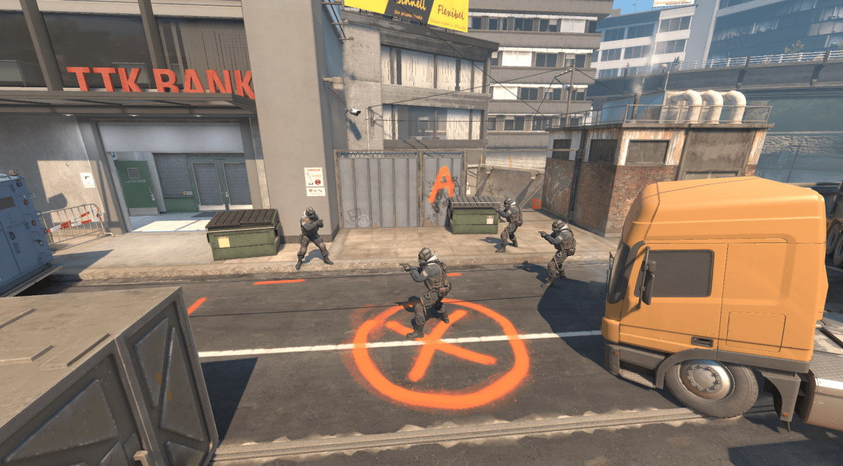 Screenshot taken of Overpass' A bombsite in CS2, featuring four Counter-Terrorists holding pistols.