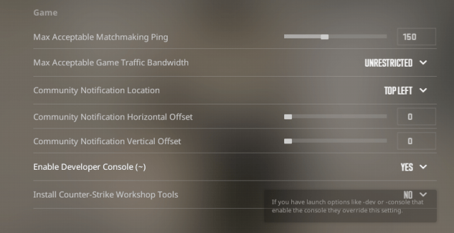 CS2 settings developer consoles with it changed to yes