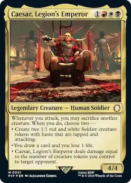 Image of Caesar on throne surrounded by guards in MTG Fallout set.