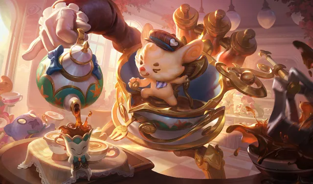 Cafe Cutie Rumble carefully pours some tea into a smiling cup in League of Legends
