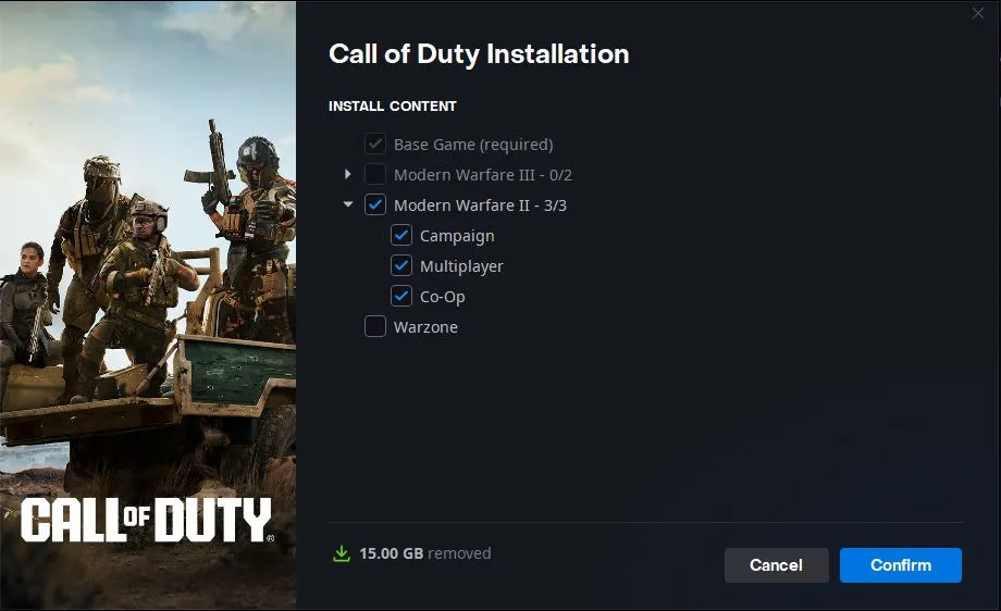 A screenshot showing the manage content feature for Call of Duty on Battle.net.