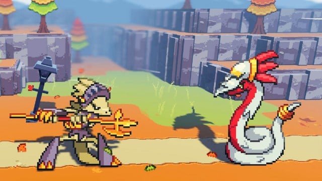 A Palangolin wielding a halberd fighting a snake monster in Cassette Beasts