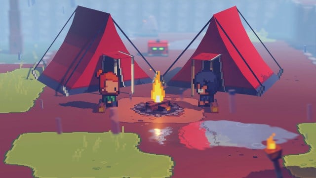 Two characters camping in the overworld in Cassette Beasts