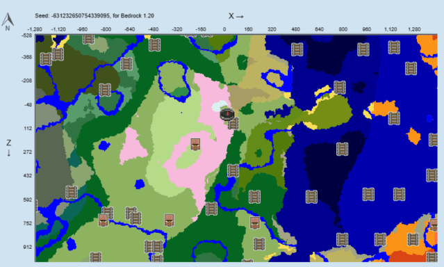 A map of the -631232650754339095 Minecraft seed.