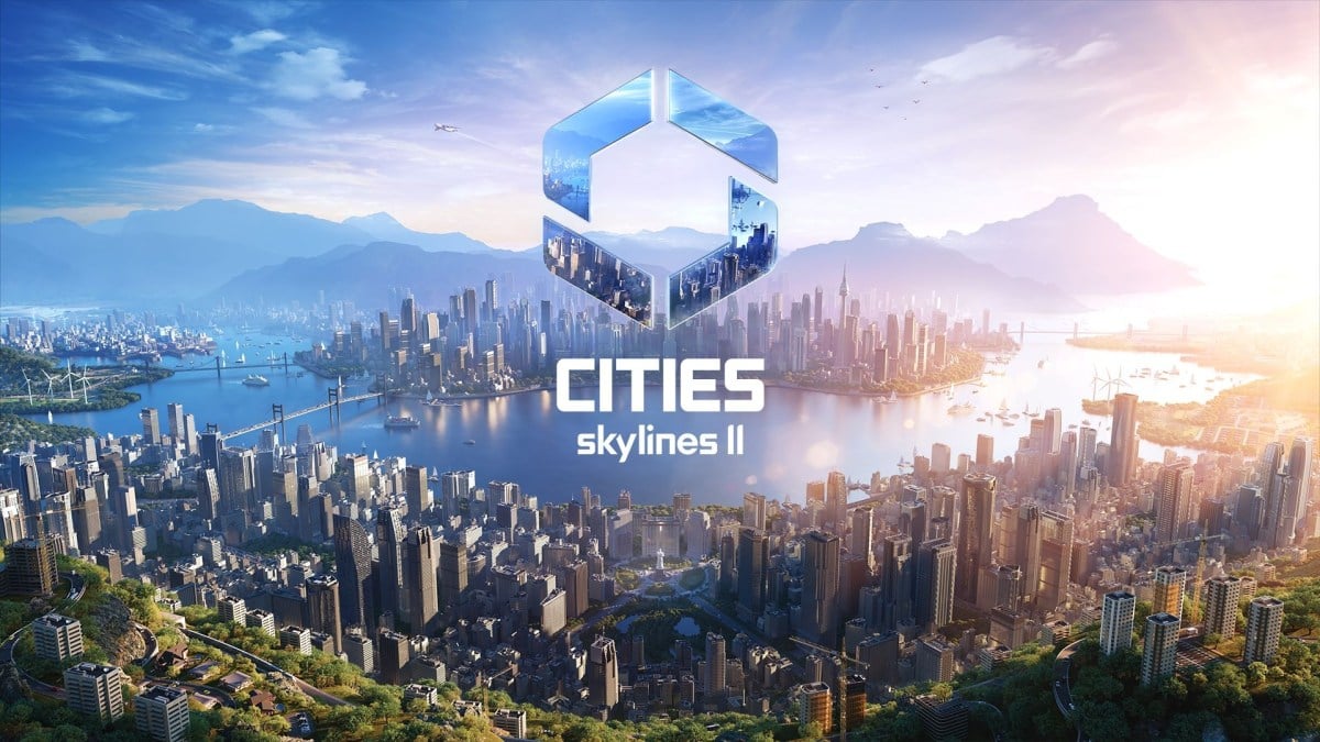 Cities Skylines 2 promotional image with a view above city buildings.