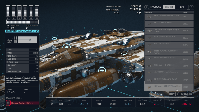 Image of the Starfield ship builder menu displaying a Obliterator weapon on a ship.