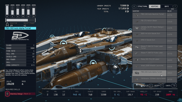 Image of the Starfield ship builder menu displaying the PB0-300 weapon module.