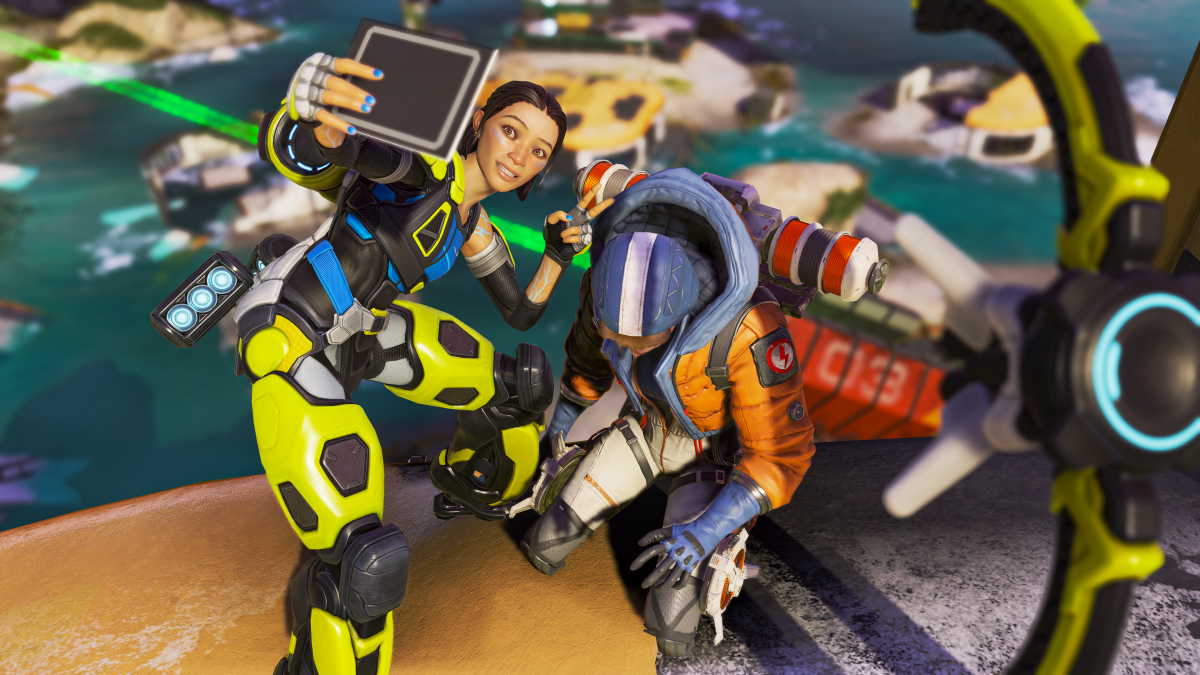 Conduit taking a selfie with a downed Wattson, seen from the same angle as a finisher in Apex.
