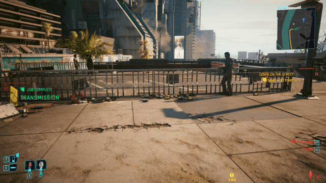 image displays a sunny day in Night City (Cyberpunk 2077).