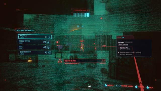 Hacking menu overriding the player's vision, highlighting targets in red.