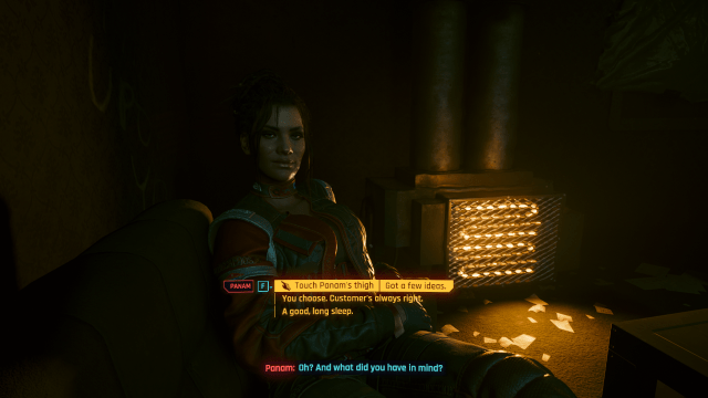 Panam flirting with V while the two lie on a couch in a rundown home (Cyberpunk 2077).