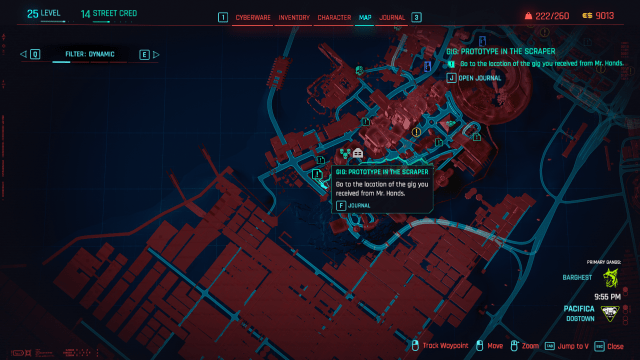 the map of Dogtown in Phantom Liberty with Prototype the Scraper gig highlighted (Cyberpunk 2077).