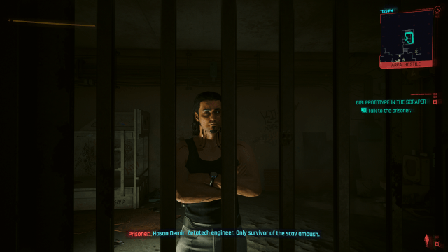 Hasan in a jail cell during Prototype in the Scraper (Cyberpunk 2077).