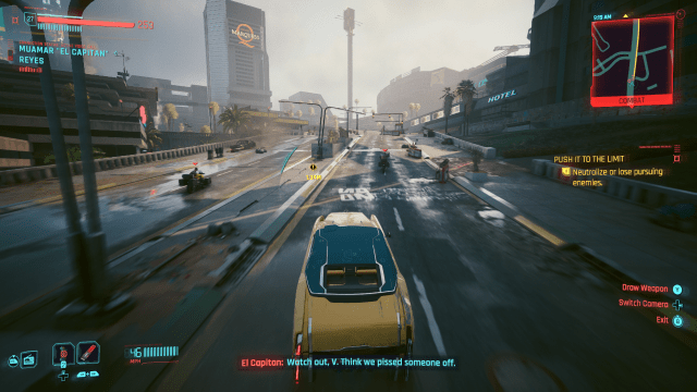 A vehicle shootout at high speed on a road in Pacifica (Cyberpunk 2077)