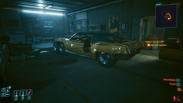 A banged up car parked in El Capitan's garage (Cyberpunk 2077)