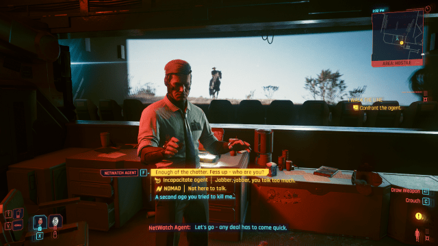 the Netwatch Agent in I Walk the Line trying to make a deal with V (Cyberpunk 2077).