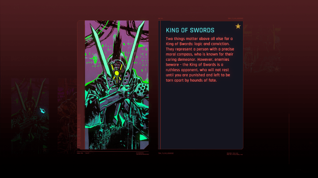 the Archive description and picture for the King of Swords Tarot Card in Cyberpunk 2077.