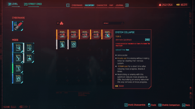 The Ultimate quickhack System Collapse in V's inventory (Cyberpunk 2077)